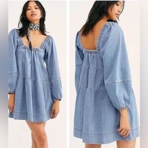 Free People Light Blue Denim Dress stone washed (bleached) small MN121